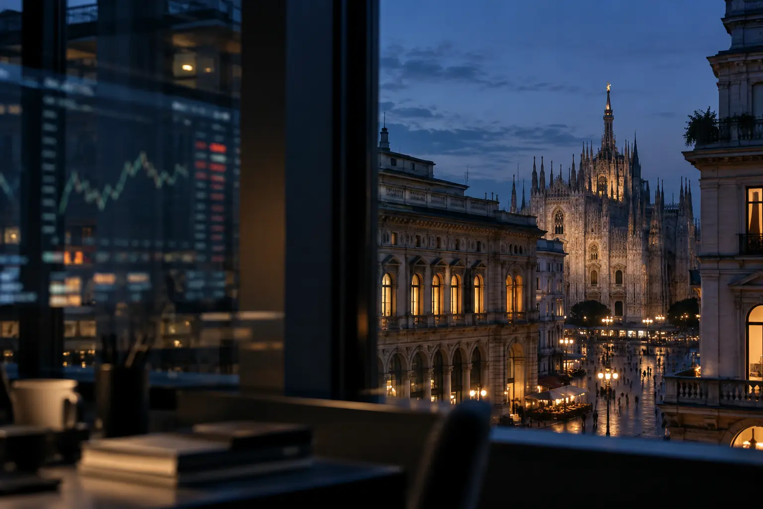 Milano al tramonto vista da una finestra di redazione